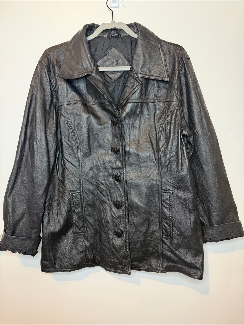 Women's Black Leather Button-Front Coat